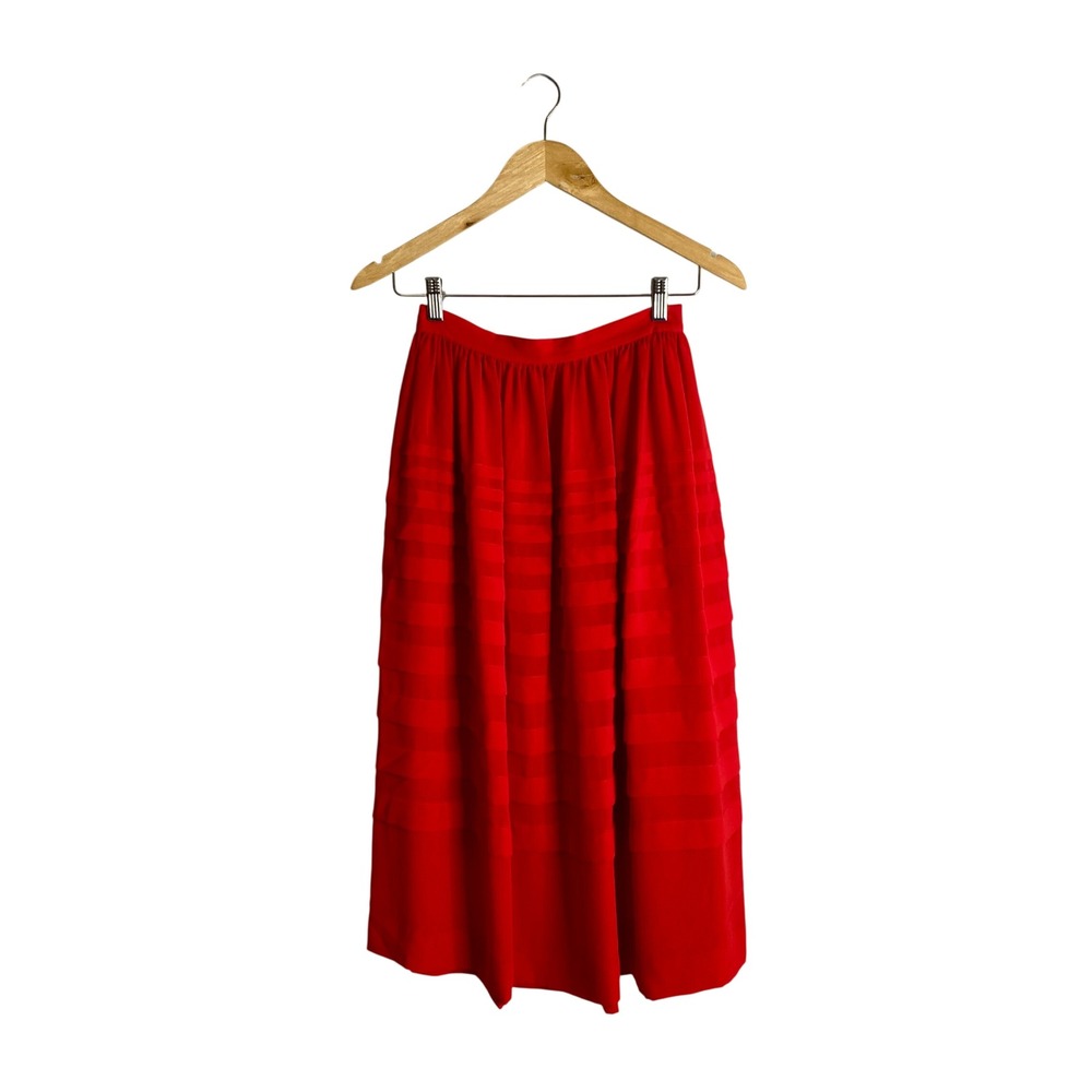 VTG 70s Lorch Red Tiered Midi Skirt High Waist Pleated Prairie Retro Disco 25 W